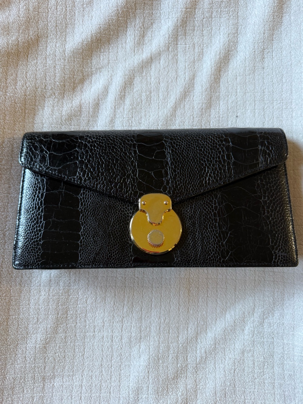 Vintage Eileen Kramer Genuine Ostrich Leather Black Clutch Wallet